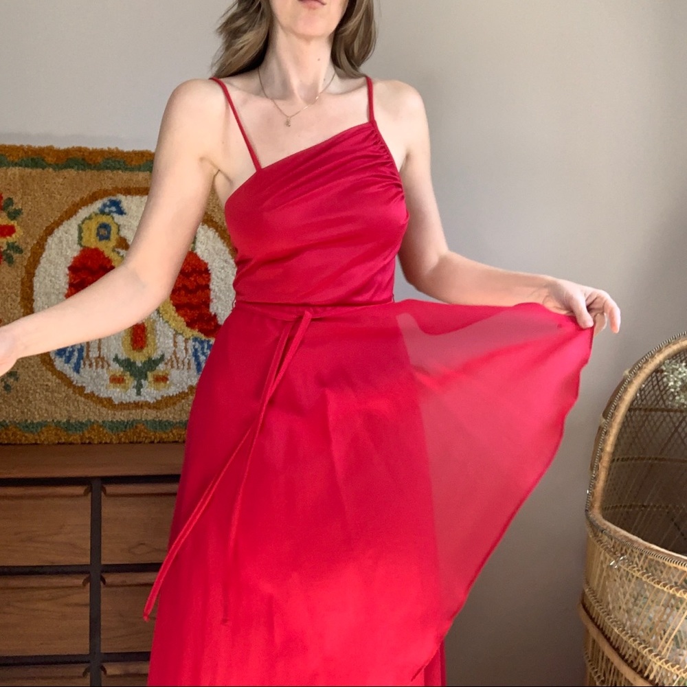 Vintage Asymmetric Neckline Polyester Flowy Dress Size SM